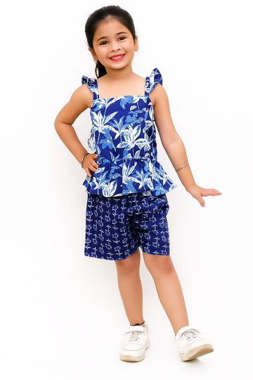 Tropical Twilight Flutter-Shoulder Top & Blossom Shorts Set