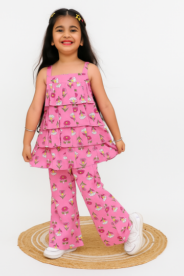 Petite Bloom Tiered Ruffle Top & Flare-Leg Pant Set
