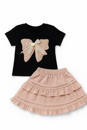 Pearl-Bow Ruffle Skirt Set