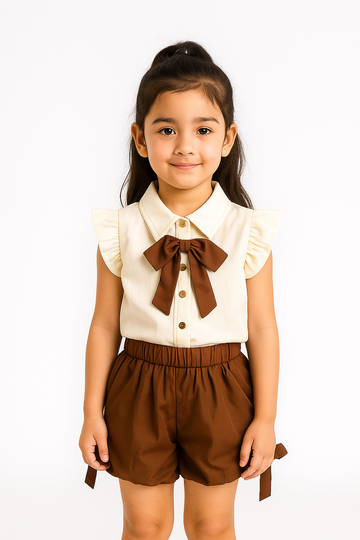 Cocoa Bow Ruffle-Sleeve Blouse & Shorts Set