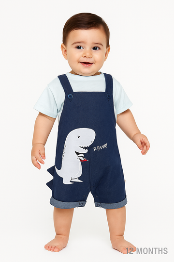 Roar Dino Organic Dungaree & Short Sleeve T-Shirt Set - Blue