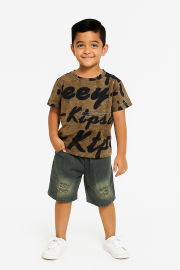 Rustic Script Tee & Washed-Denim Shorts Set