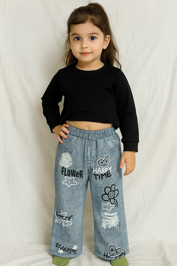 Urban Bloom Cropped Sweatshirt & Graffiti Denim Set