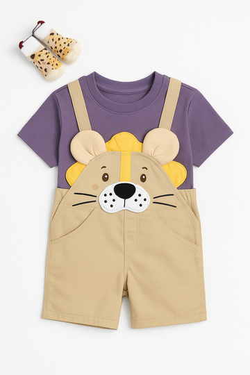 Lion Print Short Sleeves T-shirt with Dungaree For Boys