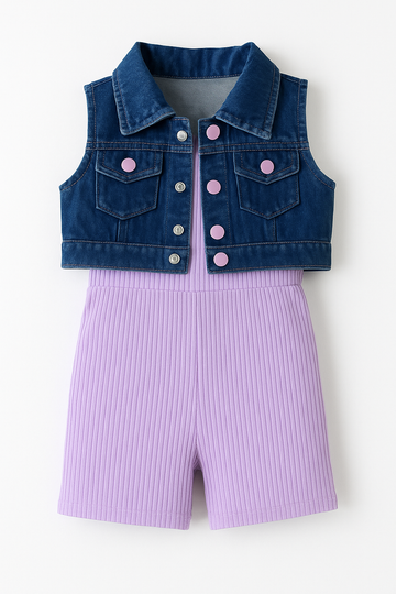 Summer Sleeveless Cute Denim Vest with Romper One-piece Jumpsuit Set