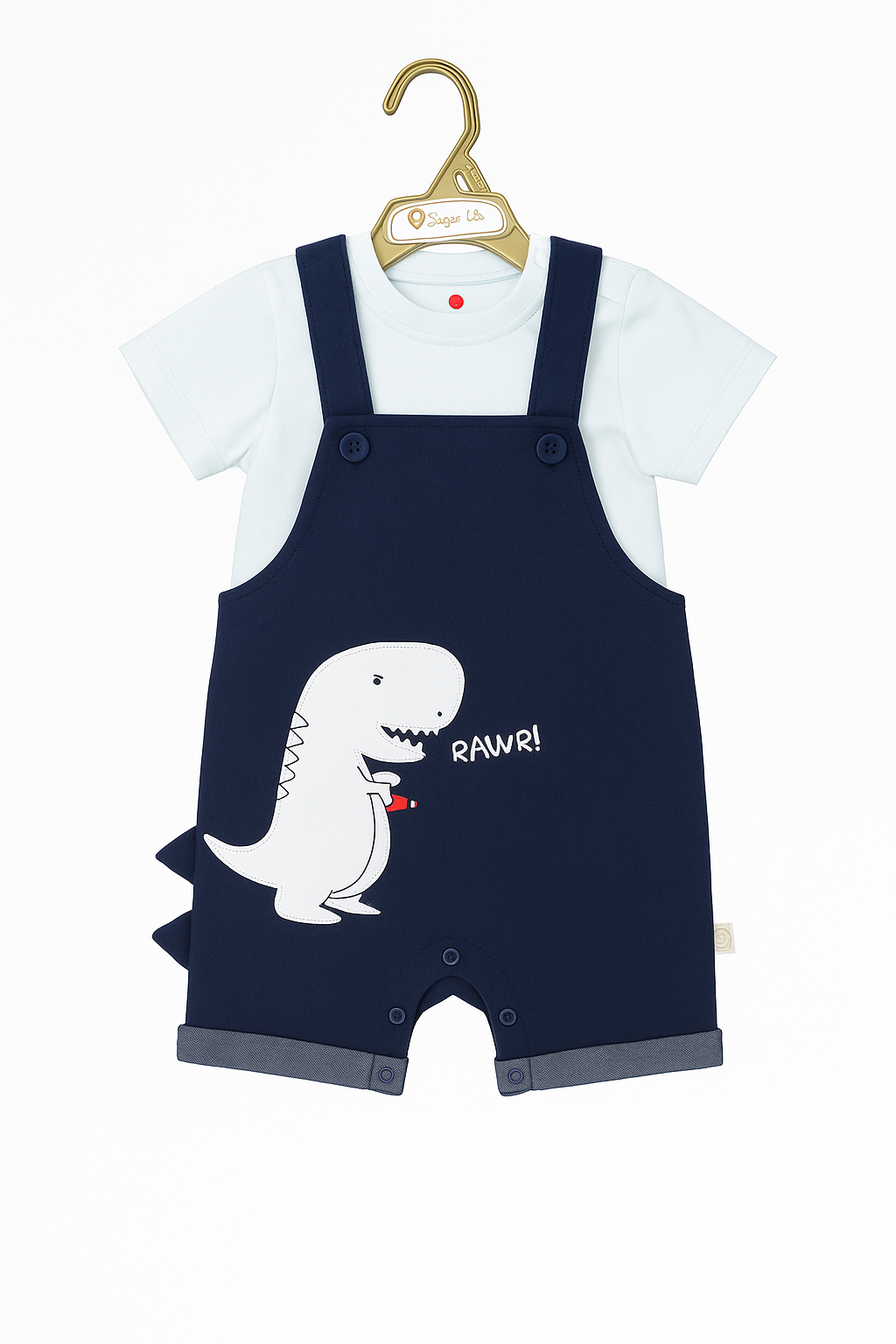 Roar Dino Organic Dungaree & Short Sleeve T-Shirt Set - Blue