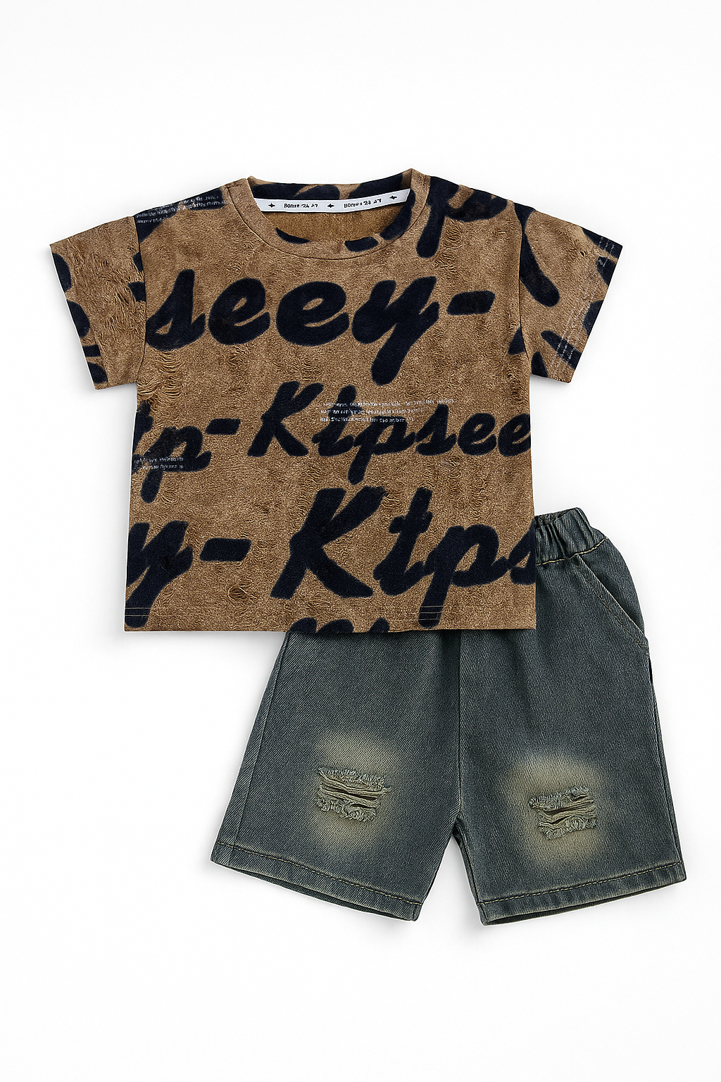 Rustic Script Tee & Washed-Denim Shorts Set