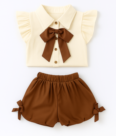 Cocoa Bow Ruffle-Sleeve Blouse & Shorts Set