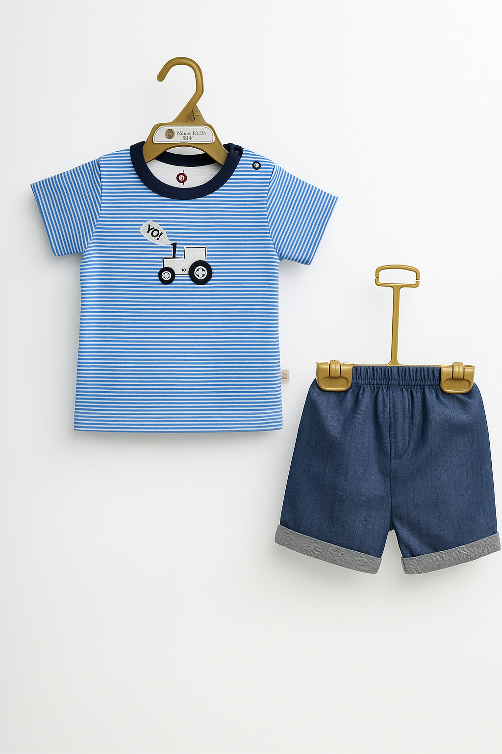 Yo! Tractor Organic Stripe Tee & Denim Short Set