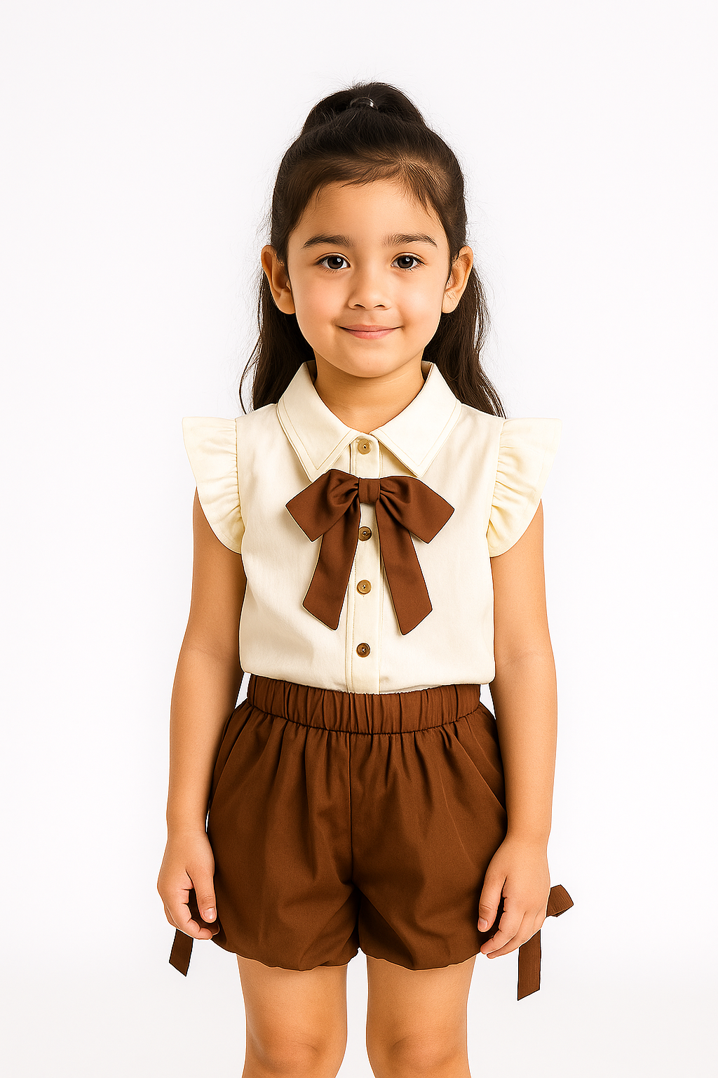 Cocoa Bow Ruffle-Sleeve Blouse & Shorts Set