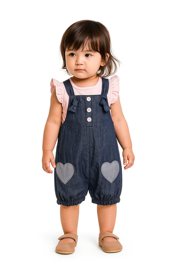 Bow & Heart Organic Denim Shortall & Flutter‑Sleeve Tee Set