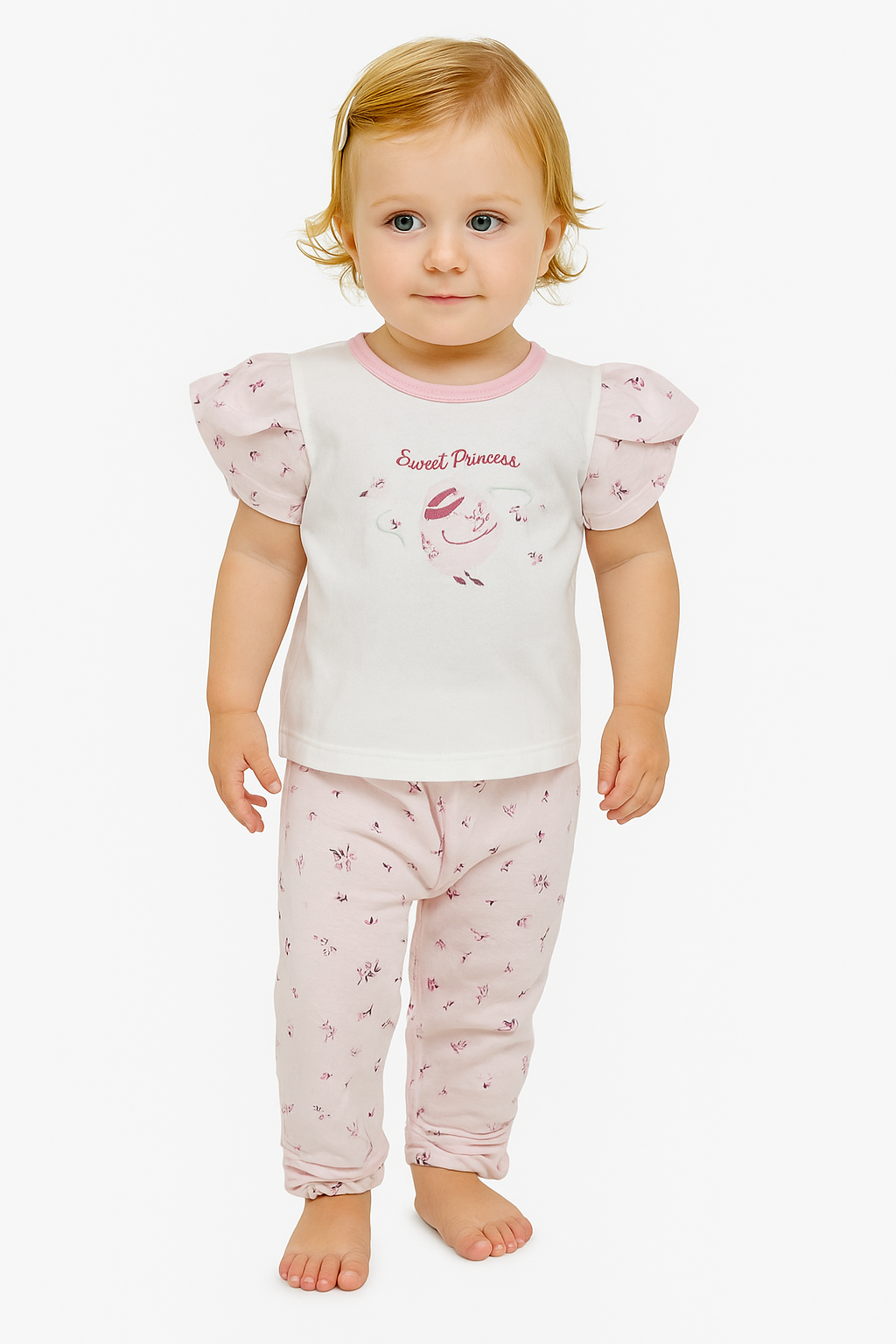 Sweet Princess Swan Organic Ruffle‑Sleeve Tee & Knot‑Hem Pant Set