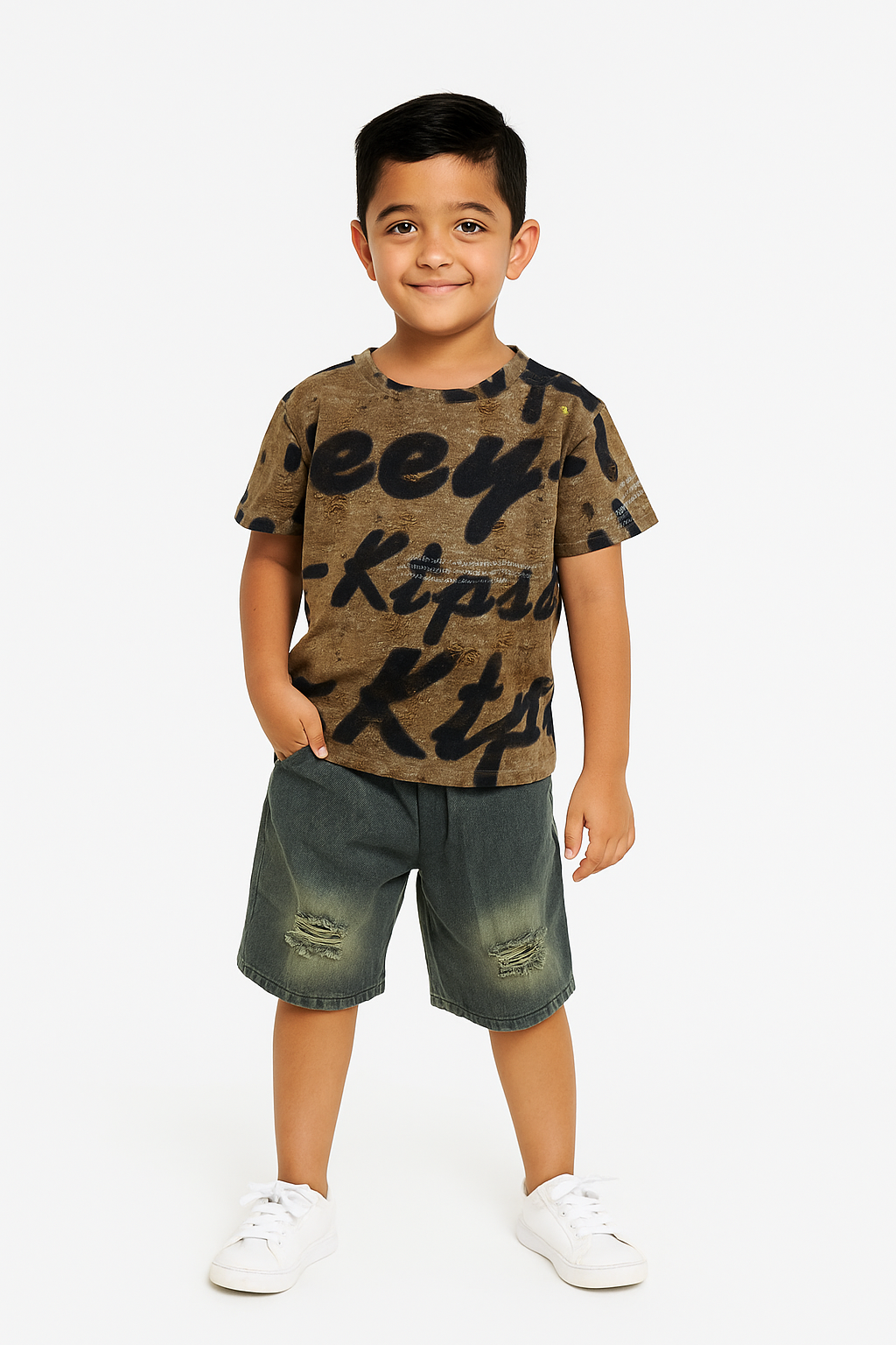 Rustic Script Tee & Washed-Denim Shorts Set