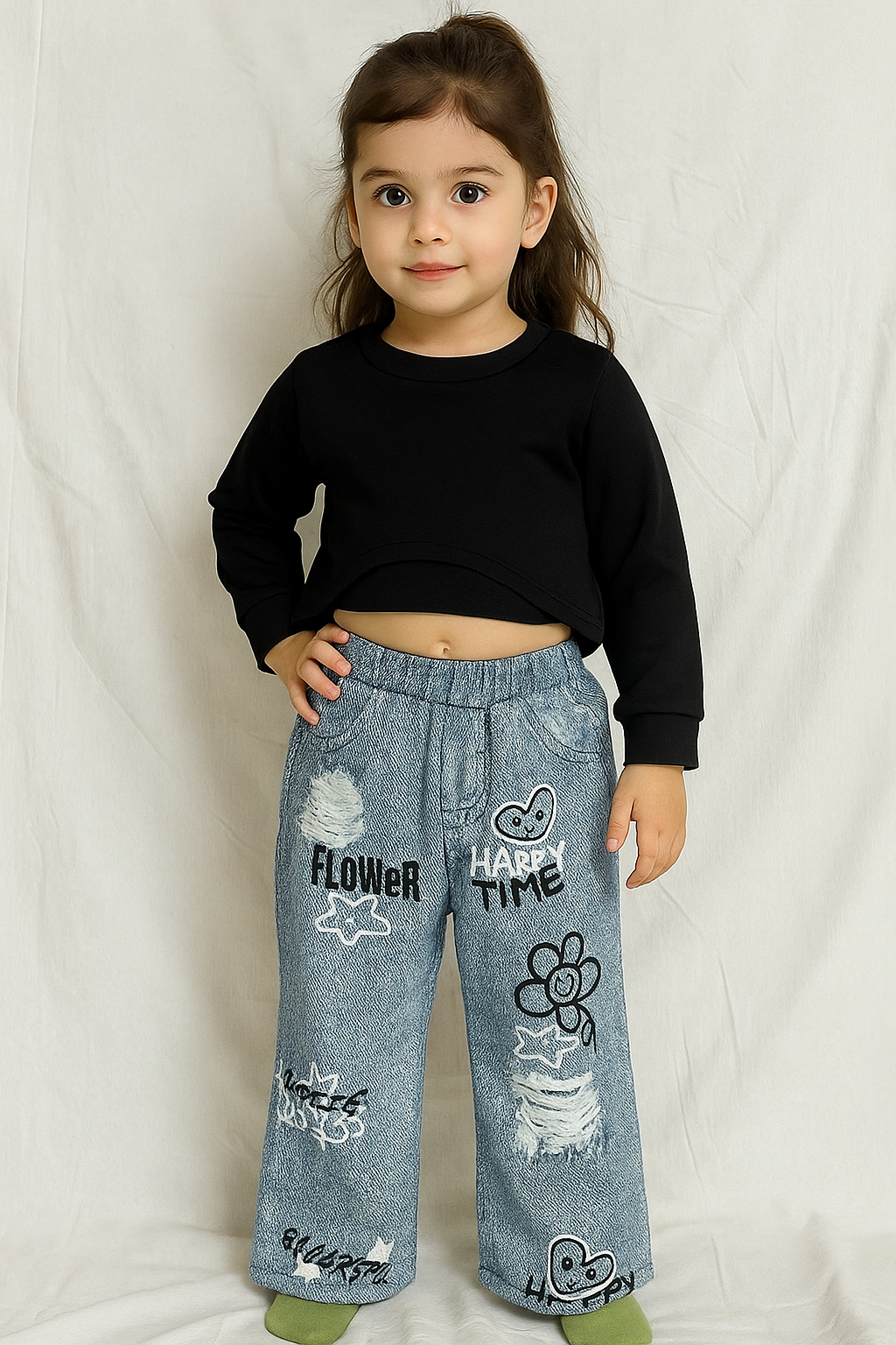 Urban Bloom Cropped Sweatshirt & Graffiti Denim Set