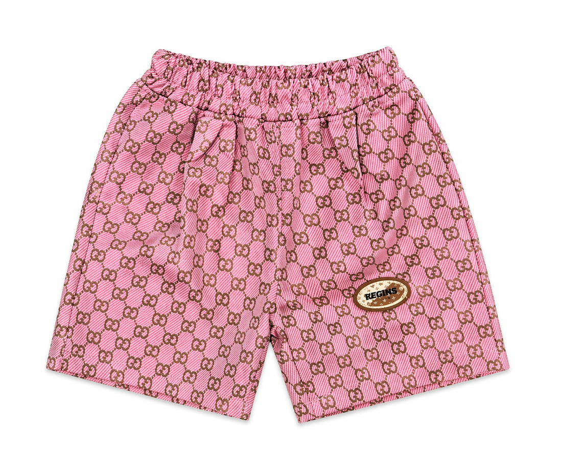 Kozeecub Premium Kids Co-ord Set – Bear Graphic Tee & Monogram Shorts (Black & Pink)