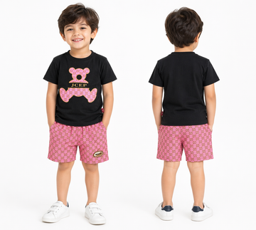 Kozeecub Premium Kids Co-ord Set – Bear Graphic Tee & Monogram Shorts (Black & Pink)