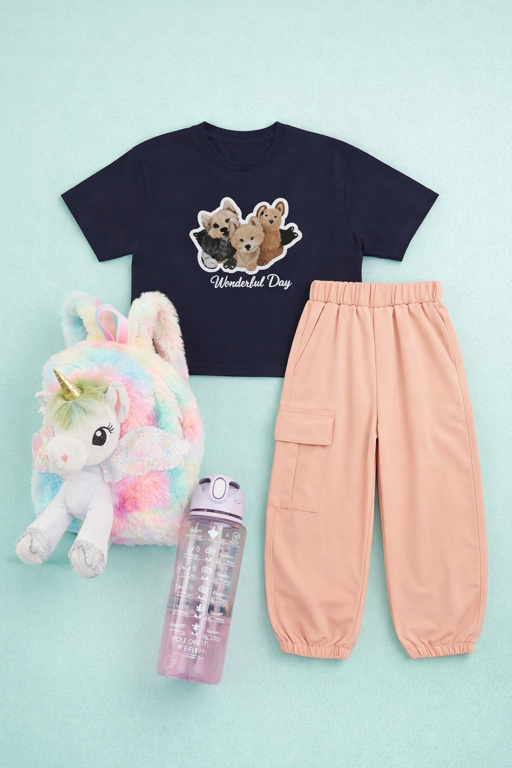 Wanderlust Pups Outfit Combo – Tee & Cargo Jogger Set with Backpack & Bottle