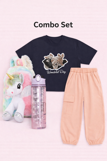 Wanderlust Pups Outfit Combo – Tee & Cargo Jogger Set with Backpack & Bottle